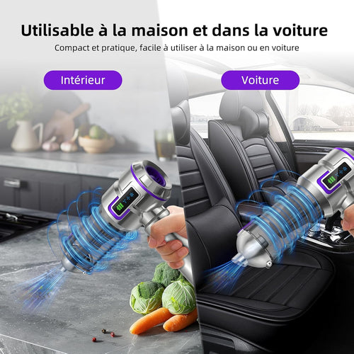 Aspirateur à Main, 25000Pa Aspirateur de Voiture Puissant avec Écran, 4-en-1 Vidage Automatique 1 Touche Aspirateur, Moteur sans Balai avec 3 Vitesses pour Maison/Bureau/Voiture/Poils, Argenté